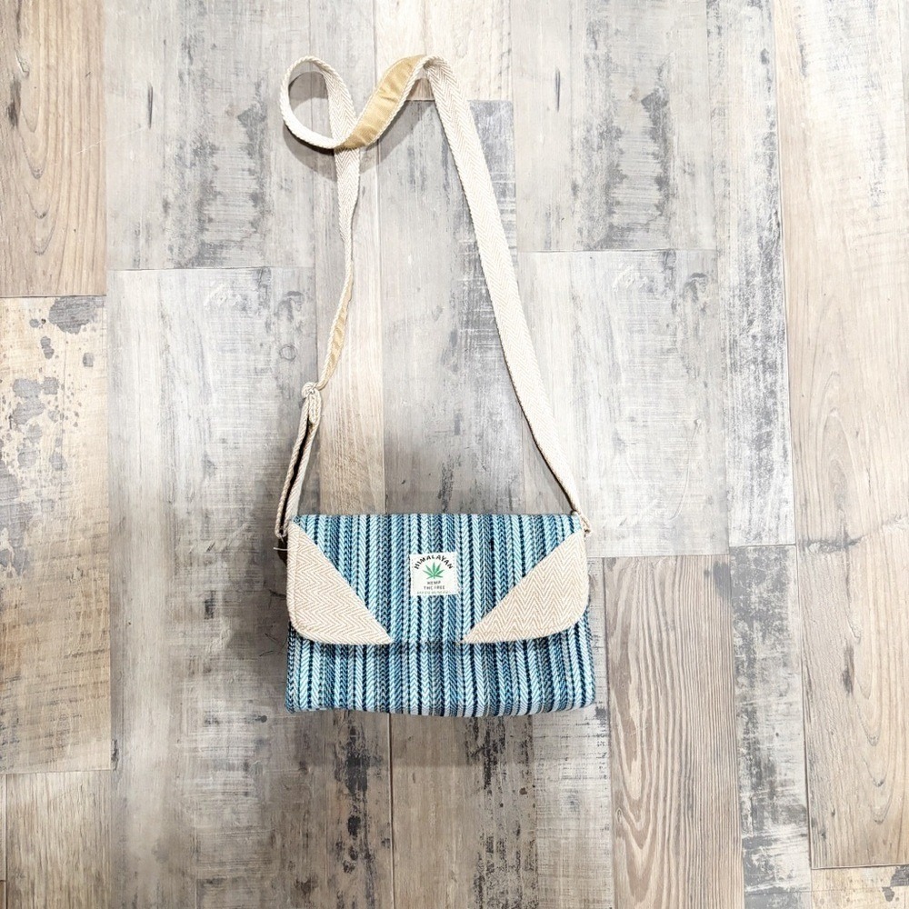 Himalayan Hemp Blue Striped Crossbody Bag Boho Nepal Handmade Adjustable Strap
